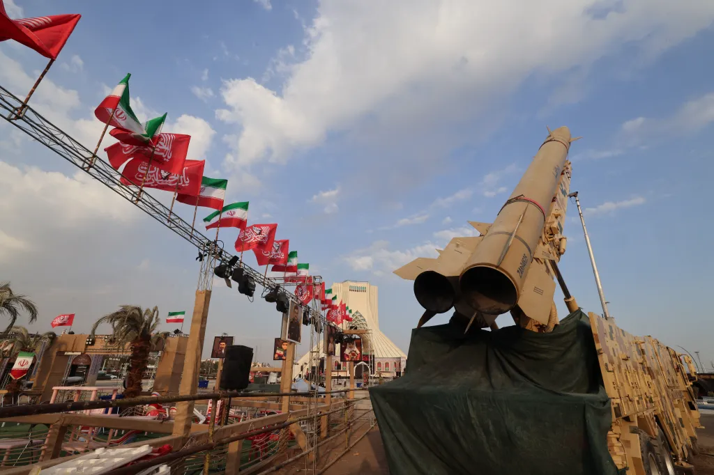 Iranian-made Zolfaghar missiles displayed at Azadi Square in Tehran.