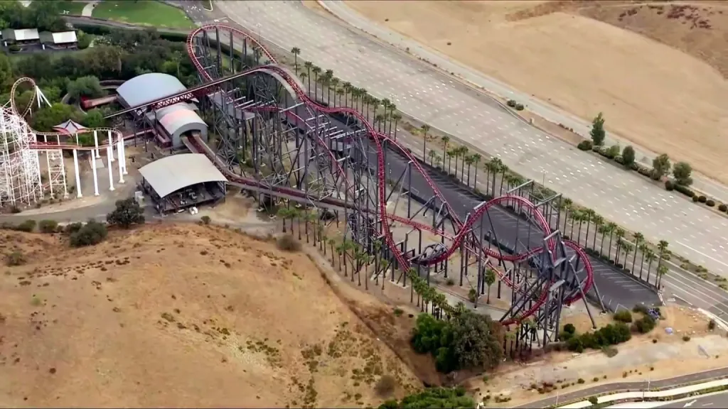 Aerial view of the X2 roller coaster at Six Flags Magic Mountain.