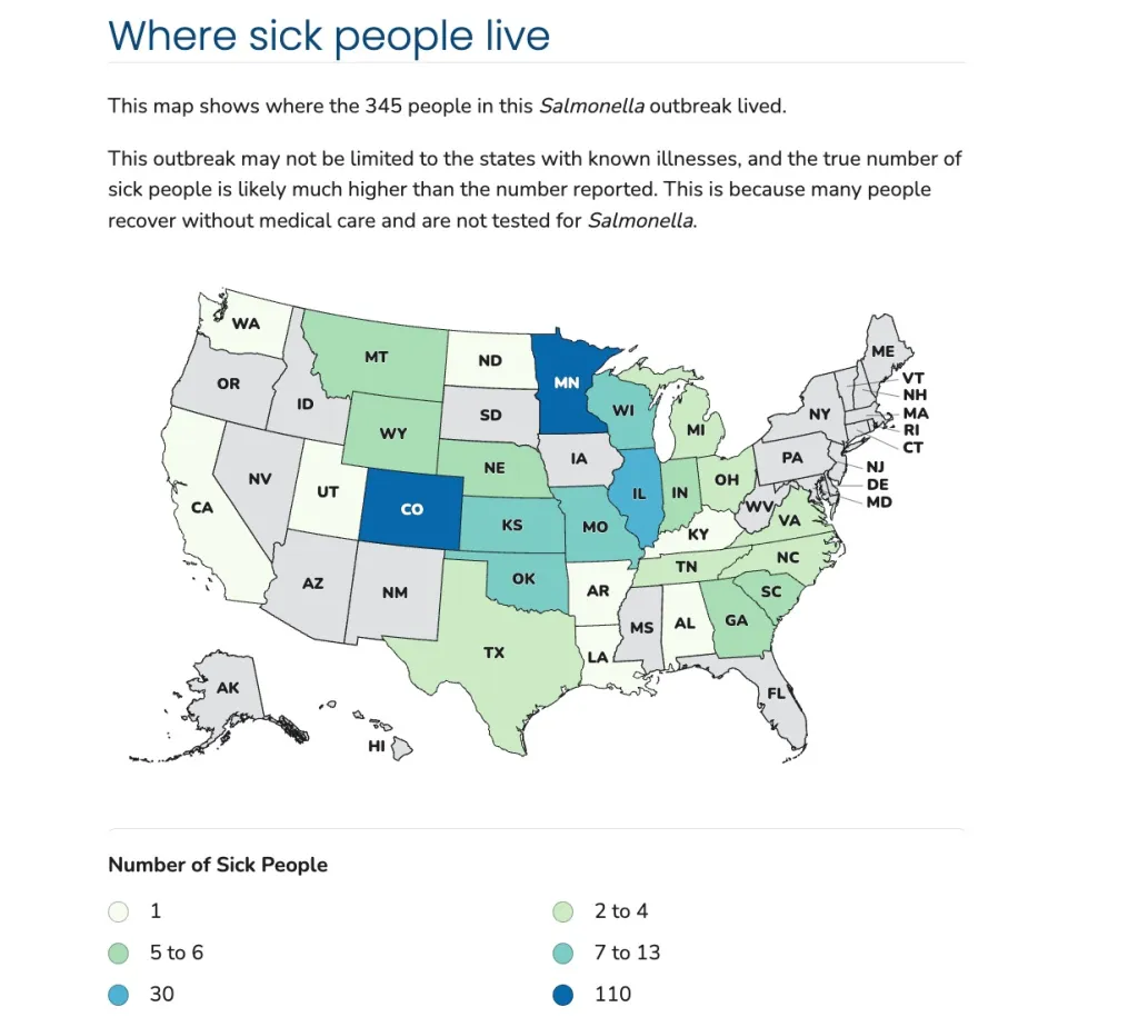 Illustration of a map of the United States indicating the number of people affected by a Salmonella outbreak in each state.