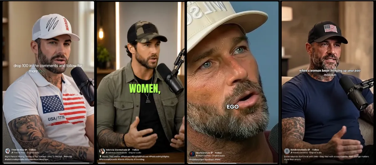 A collage of several different AI-generated fake podcasters on Facebook.