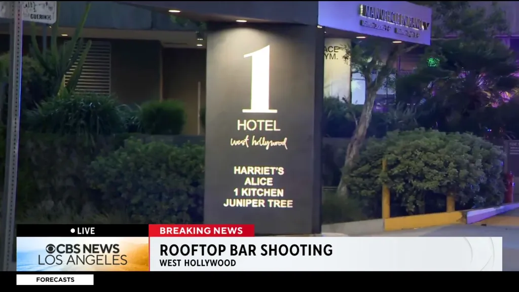 CBS News Los Angeles reporting on a rooftop bar shooting at the 1 Hotel West Hollywood.