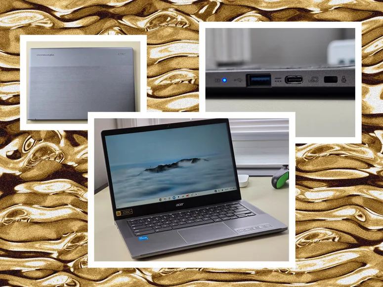 Left: Top view of closed silver laptop. Center: Front view of open laptop. Right: Side view of laptop, showing the ports. Background: Liquid gold waves.