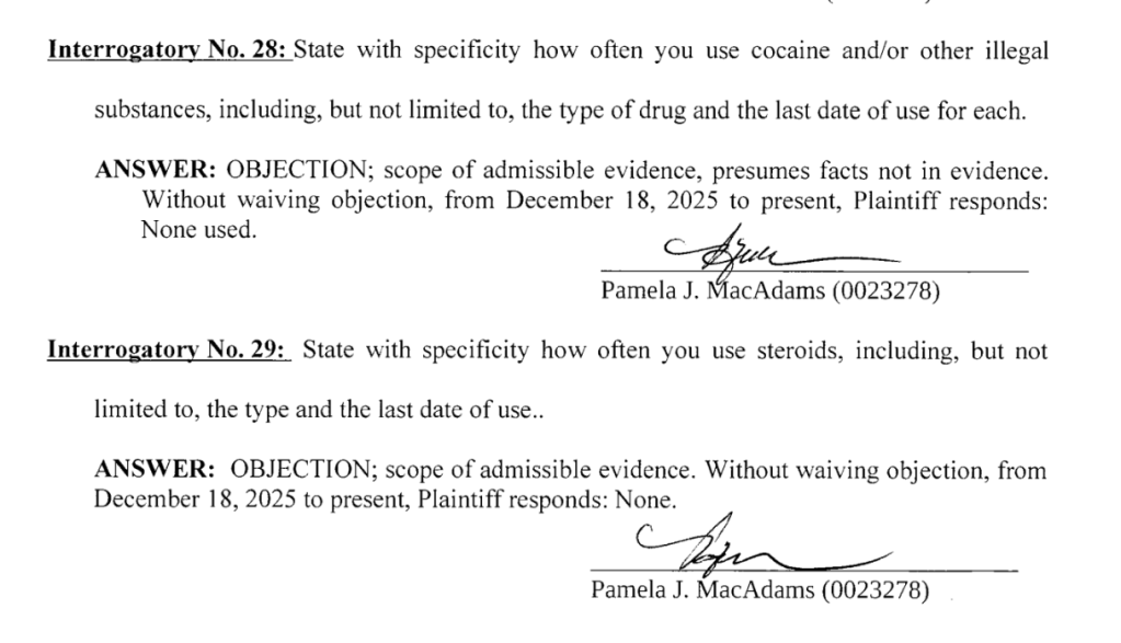Legal document showing two interrogatories about substance and steroid use, with Pamela J. MacAdams's signature.