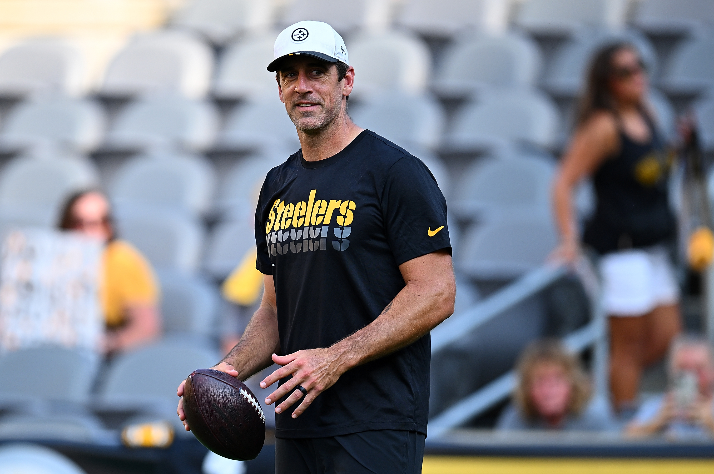 Aaron Rodgers #8 of the Pittsburgh Steelers looks on prior to the NFL Preseason 2025 game against the Tampa Bay Buccaneers at Acrisure Stadium on August 16, 2025 in Pittsburgh, Pennsylvania.