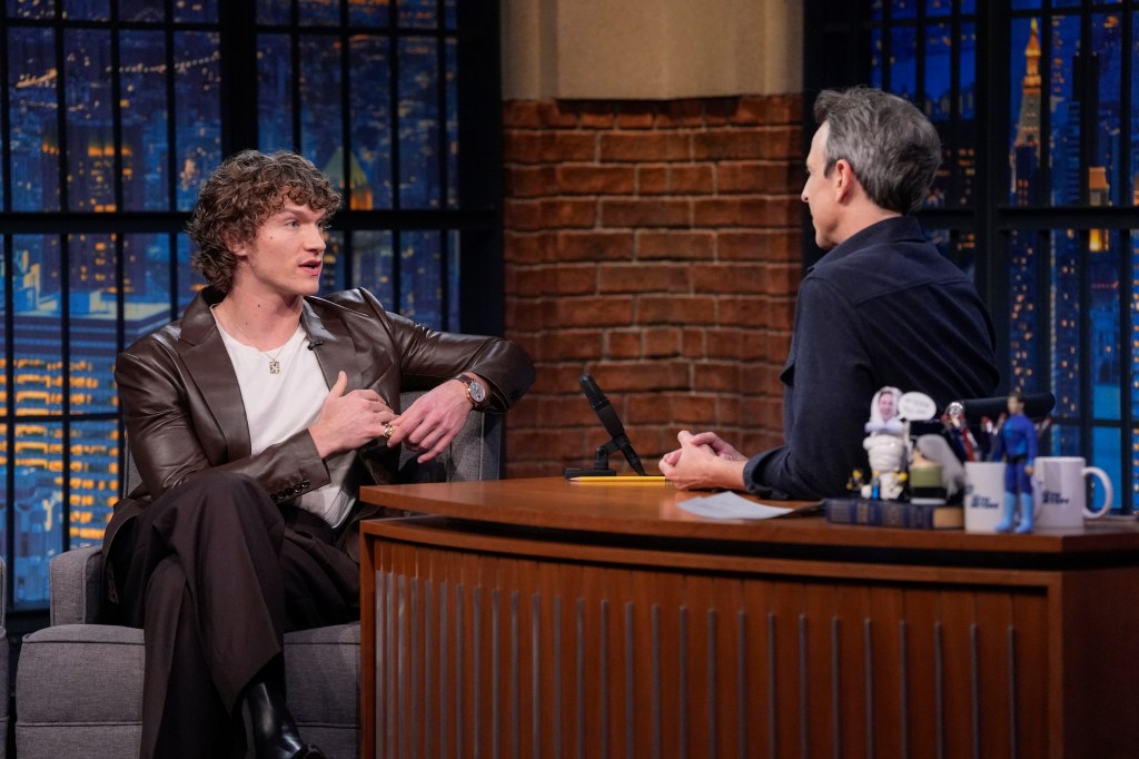 Connor Storrie being interviewed by Seth Meyers on "Late Night with Seth Meyers."