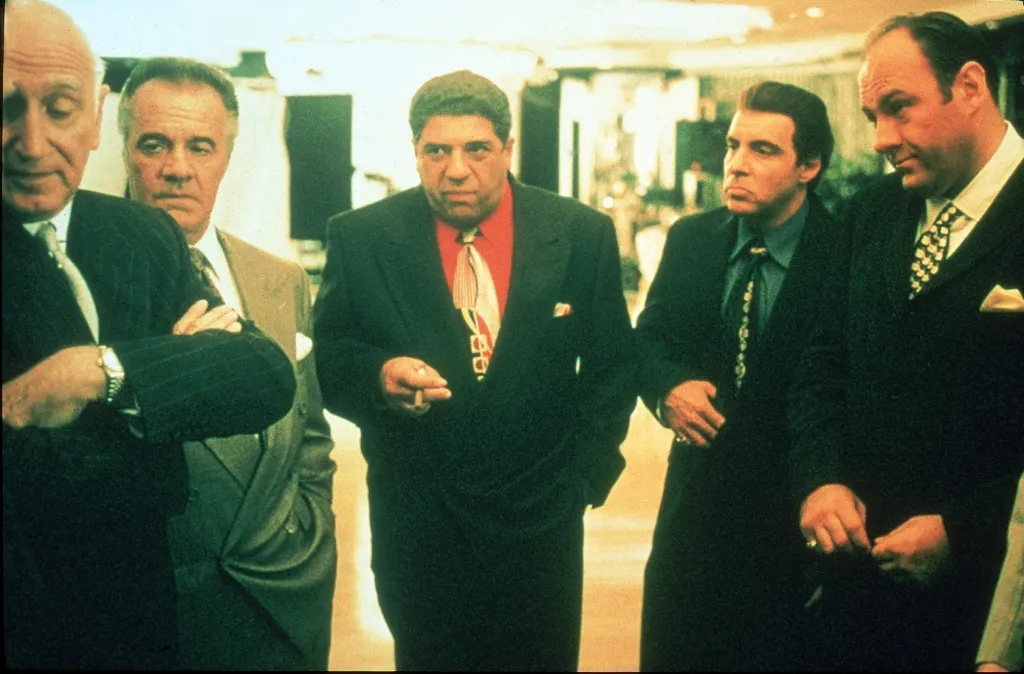 Dominic Chianese, Tony Sirico, Vincent Pastore, Steve Van Zandt, and James Gandolfini in a scene from "The Sopranos."