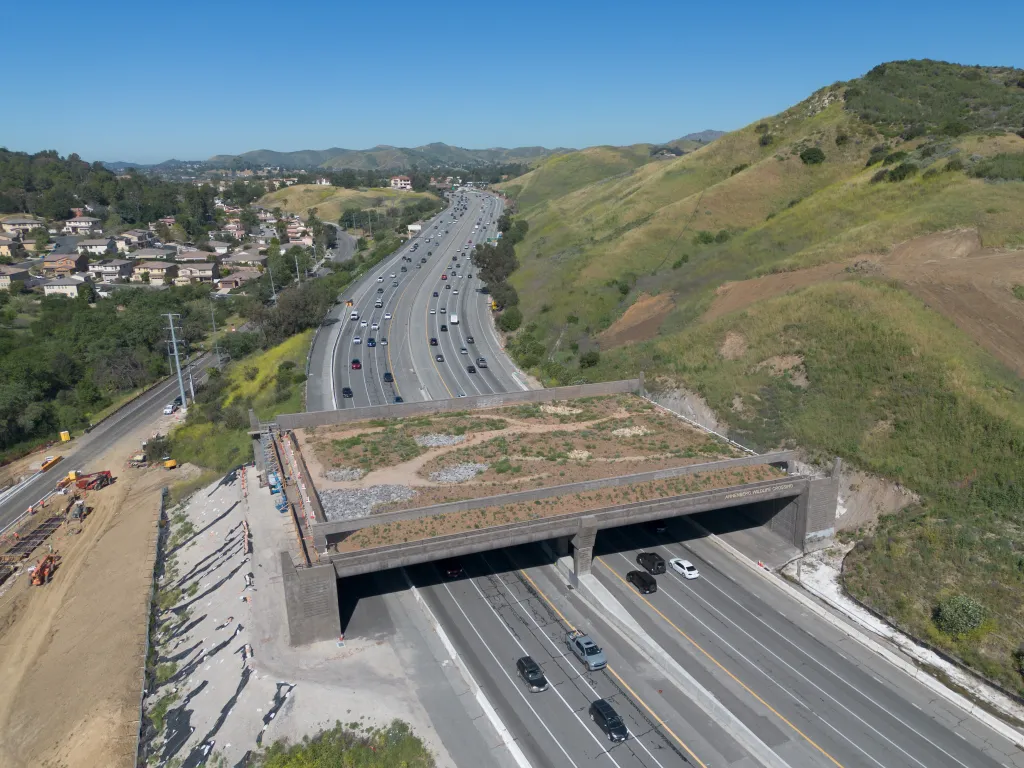 Aerial view of the Wallis Annenberg Wildlife Crossing over a busy highway, with surrounding hills and residential areas.