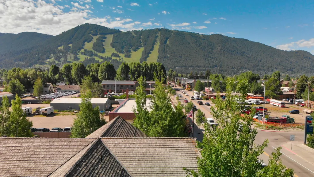 An aerial view of the countryside is seen in July 2019 in Teton Village in Jackson Hole, Wyoming. 