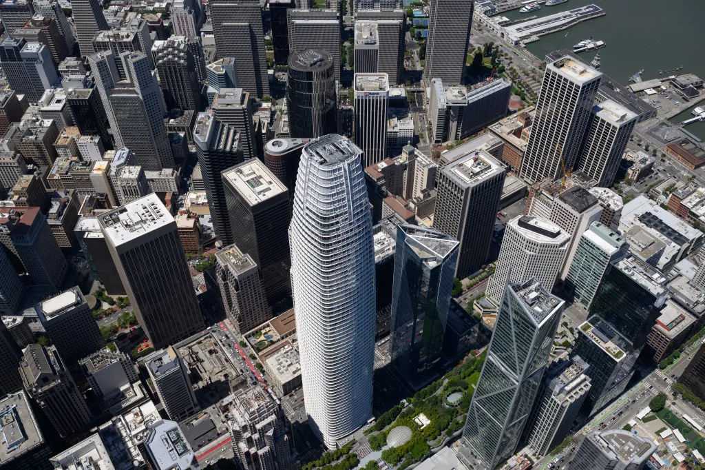 Aerial view of Salesforce Tower surrounded by other skyscrapers in San Francisco, California.