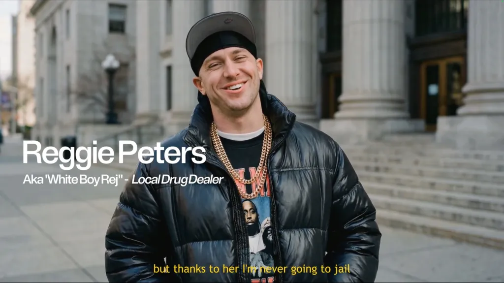 AI-generated campaign ad featuring a smiling man in a puffer jacket and chains, identified as 