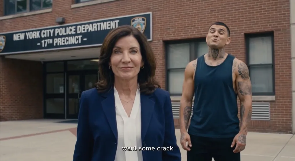 AI-generated video of Kathy Hochul and a tattooed man in front of a police precinct.