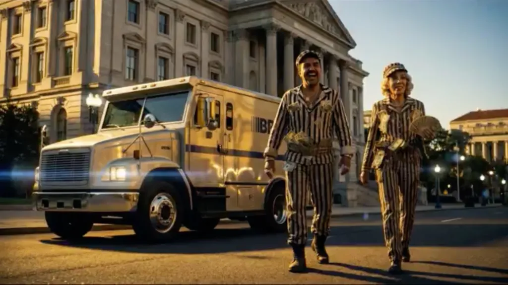 AI-generated video still showing two people in striped suits, with money stuffed into their clothes, walking past an armored truck.