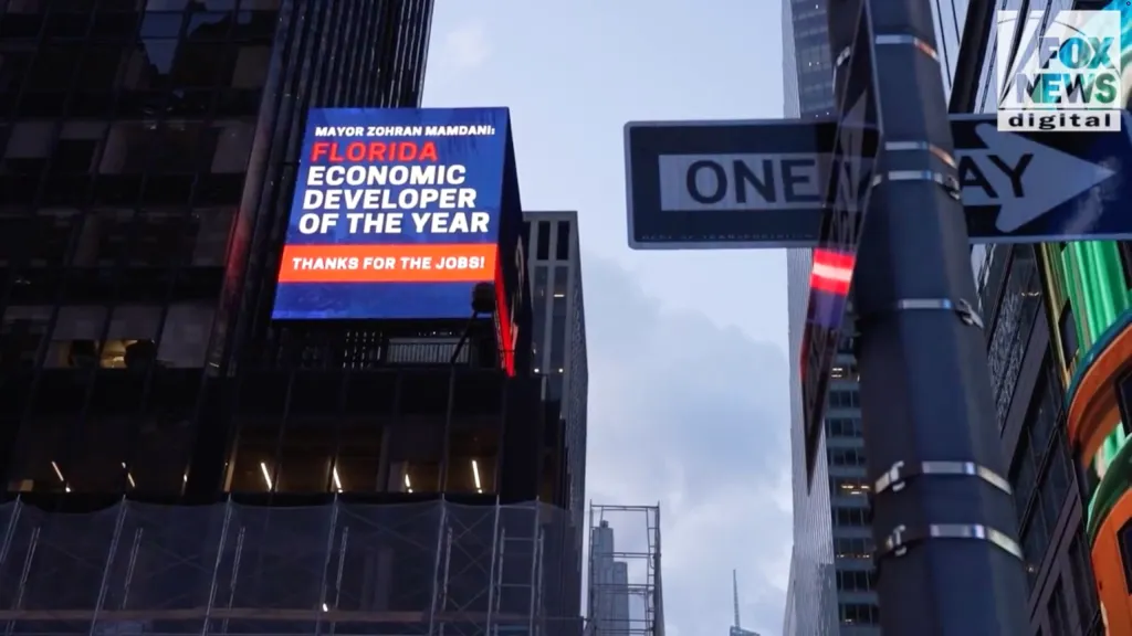 A billboard in Times Square naming NYC Mayor Zohran Mamdani Florida's 