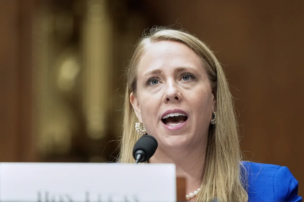 Andrea Lucas testifies during a Senate committee hearing.