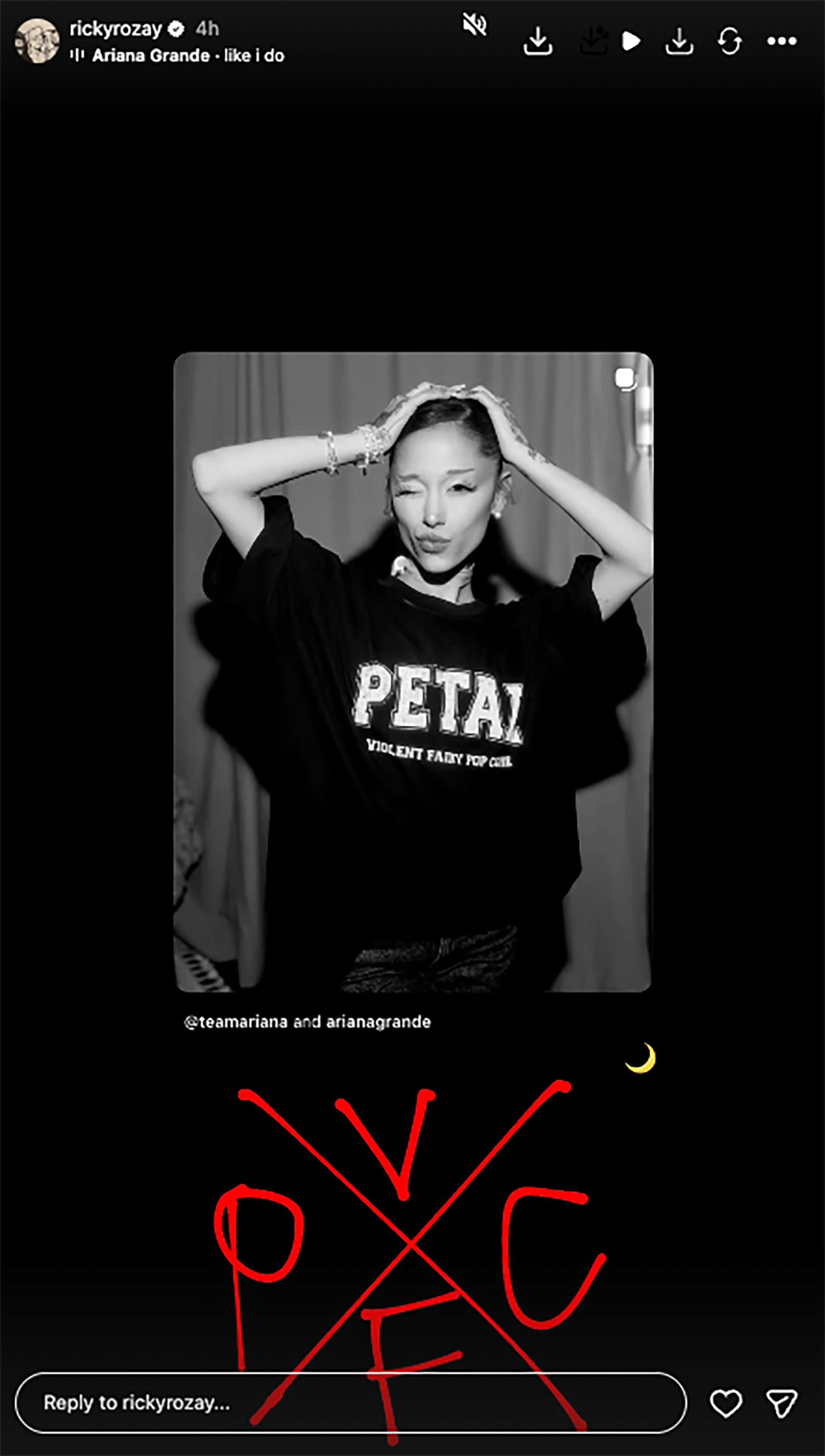 Instagram story from rickyrozay featuring a black and white photo of Ariana Grande in a "PETAL" t-shirt, winking and pouting.