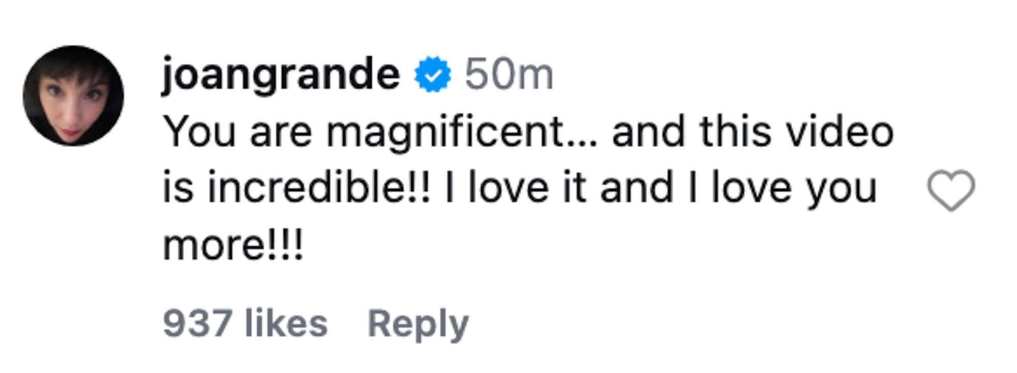 A screenshot of an Instagram comment from joangrande saying, "You are magnificent... and this video is incredible!! I love it and I love you more!!!"