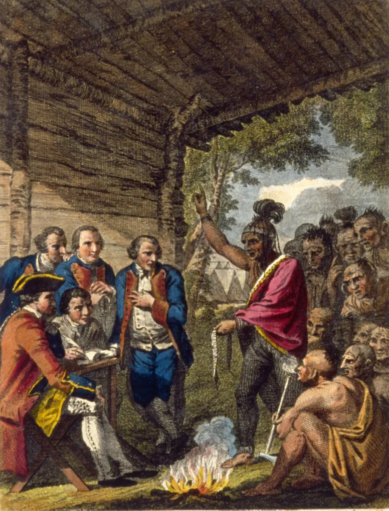 Drawing of Native Americans convening with Europeans.