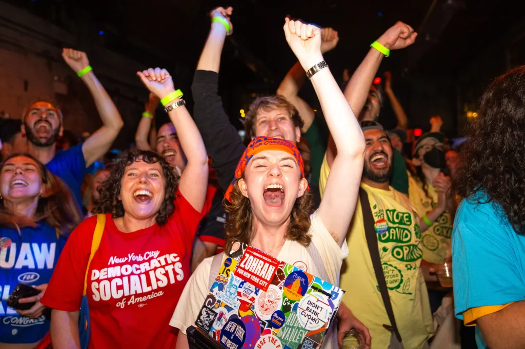 Supporters of Claire Valdez celebrating at her New York 7th Congressional District Primary Election Night Watch Party.