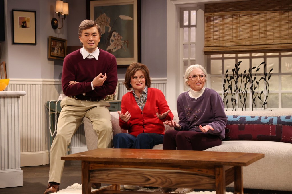 Bowen Yang, Amy Poehler, and Sarah Sherman in "The Rudemans" sketch on Saturday Night Live.