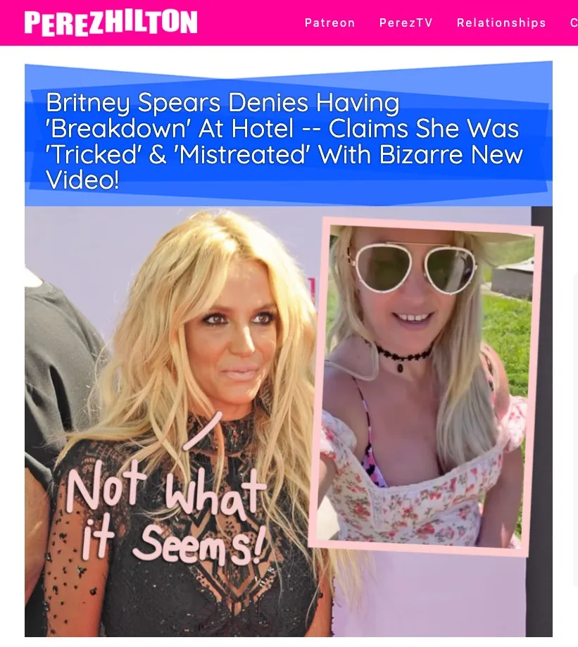 Collage of two images of Britney Spears, with text overlays, alongside a news headline.