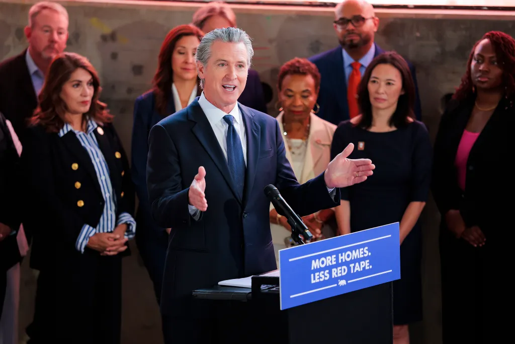 California Gov. Gavin Newsom speaks at a press conference regarding affordable housing legislation.