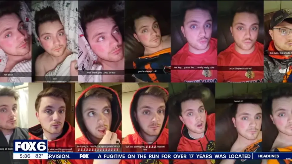 Collage of various selfies and screenshots from Snapchat of Christian Enwright.