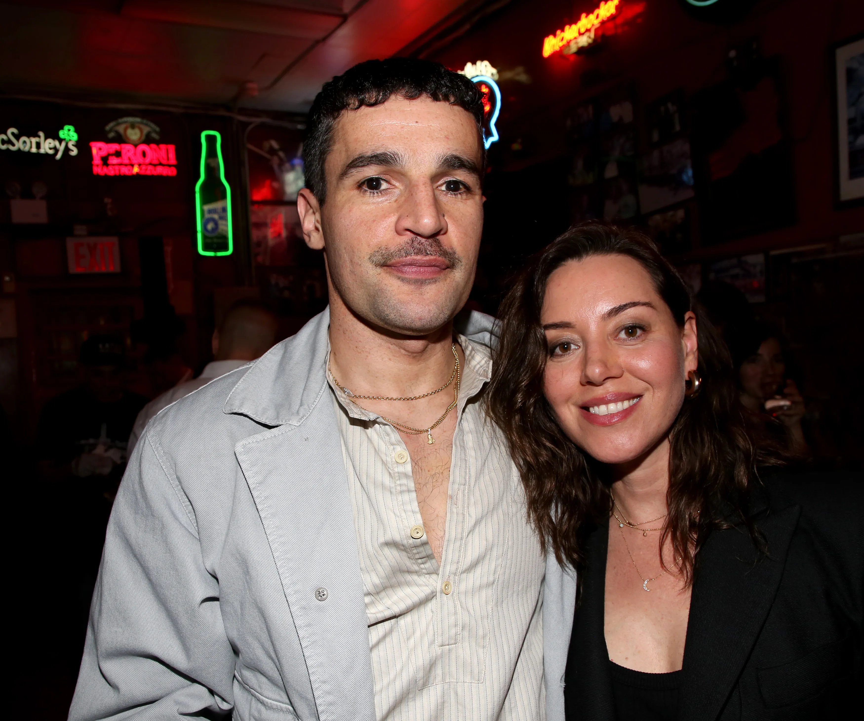 Christopher Abbott and Aubrey Plaza pose at the opening night after party for the new revival of Arthur Miller's