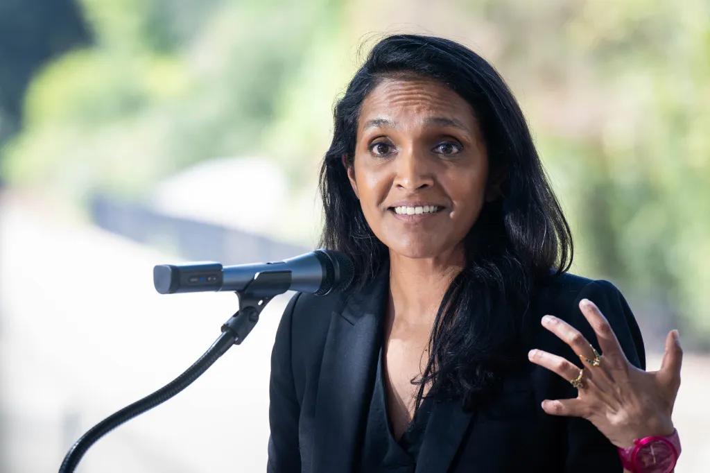 Councilwoman Nithya Raman speaking at a press conference.