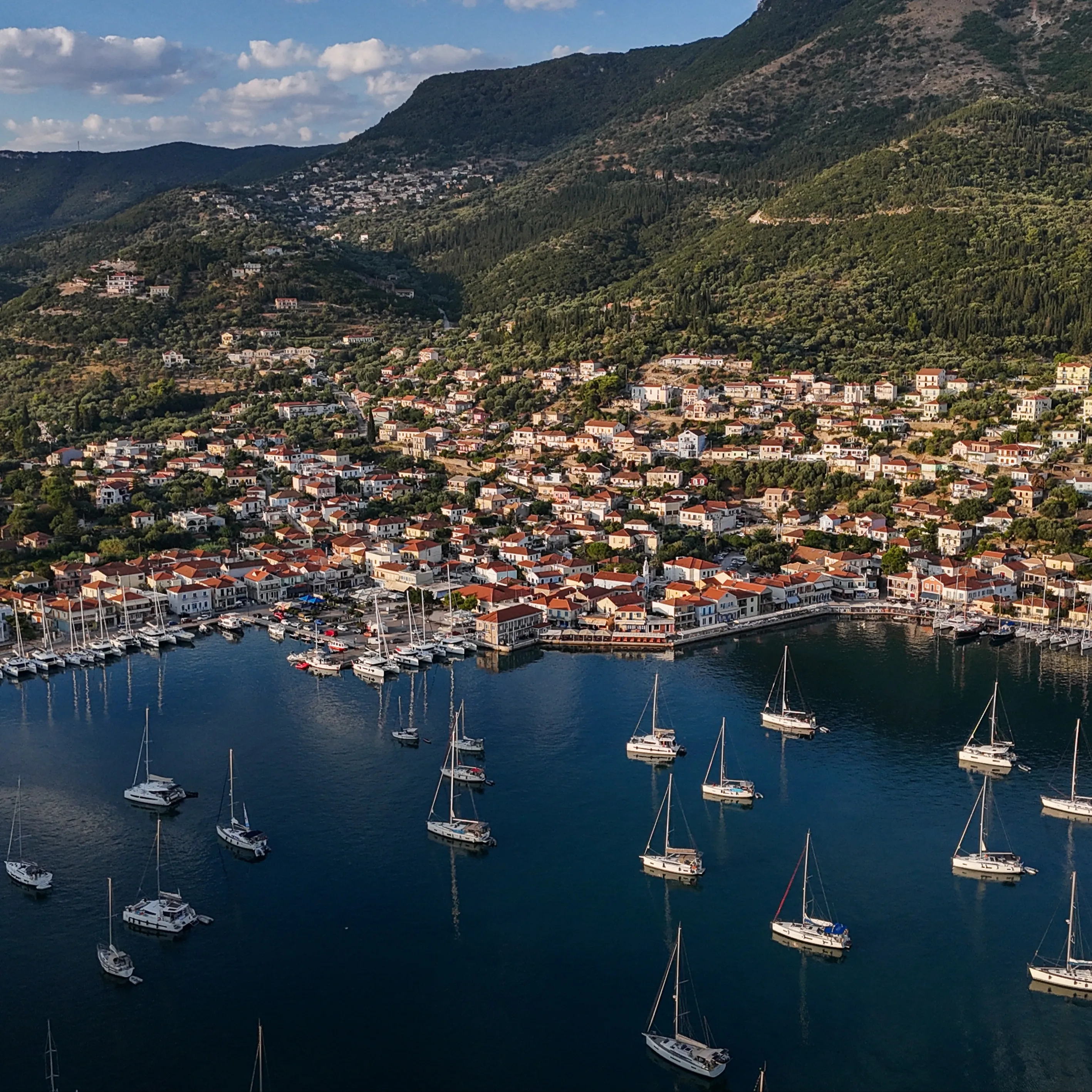 This photo taken on August 4, 2026, shows an aerial view of the town of Vathy on the island of Ithaca.