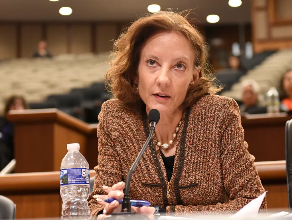 Elizabeth Crothers testifying about sexual harassment during a legislative hearing.