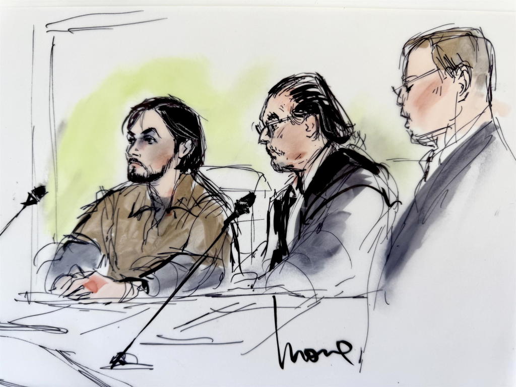Illustration of Palisades fire suspect Jonathan Rinderknecht and his defense attorney in court.