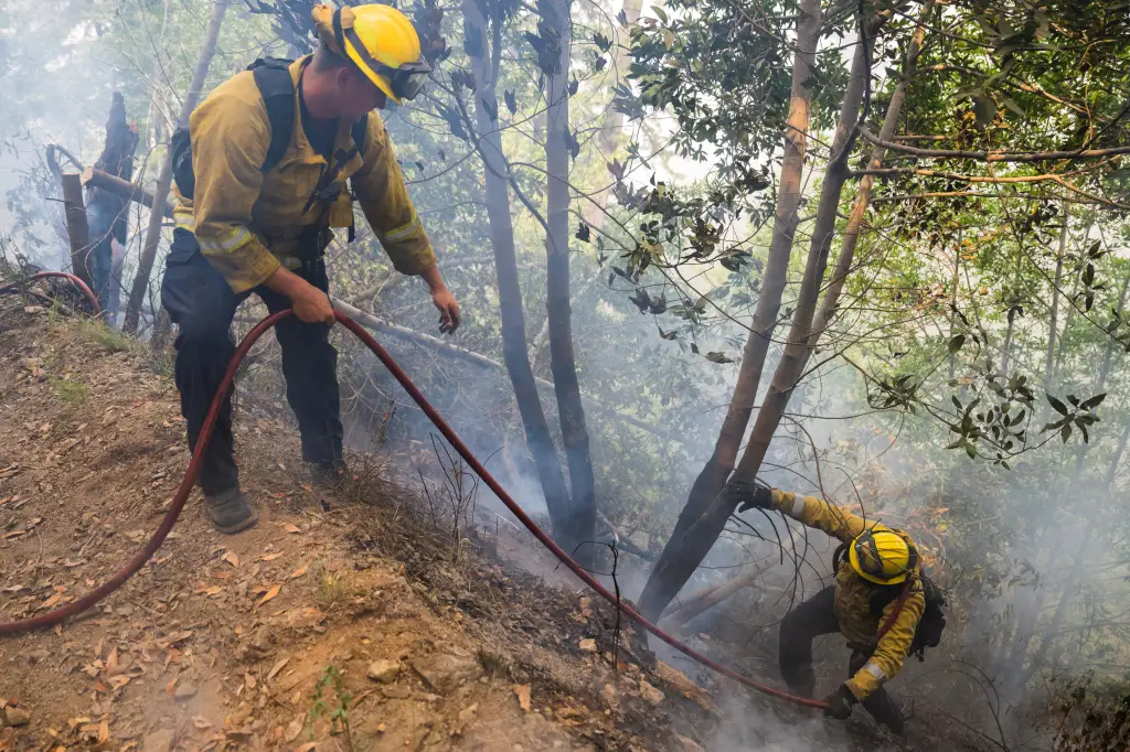 Firefighters work to put out a spot fire from the Timber Fire in Big Sur, California.