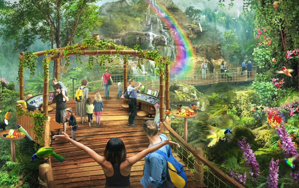 Illustration of multiple pathways through a rainforest with people and a rainbow.