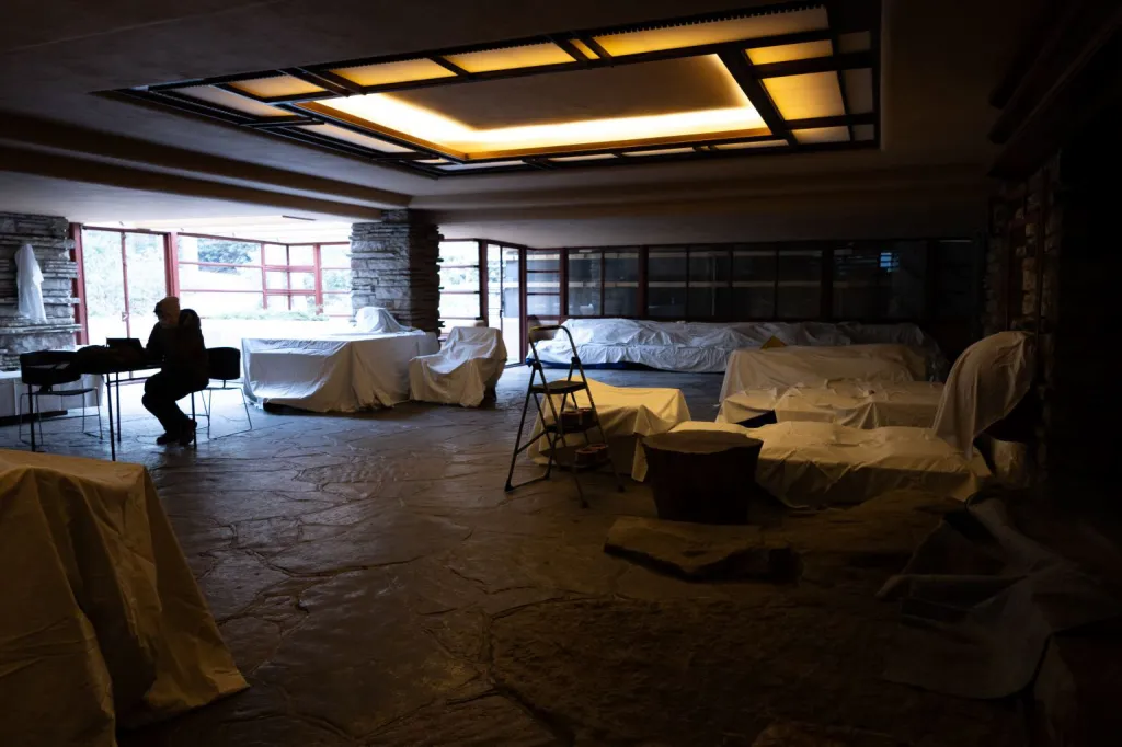 Construction and scaffolding inside Fallingwater.