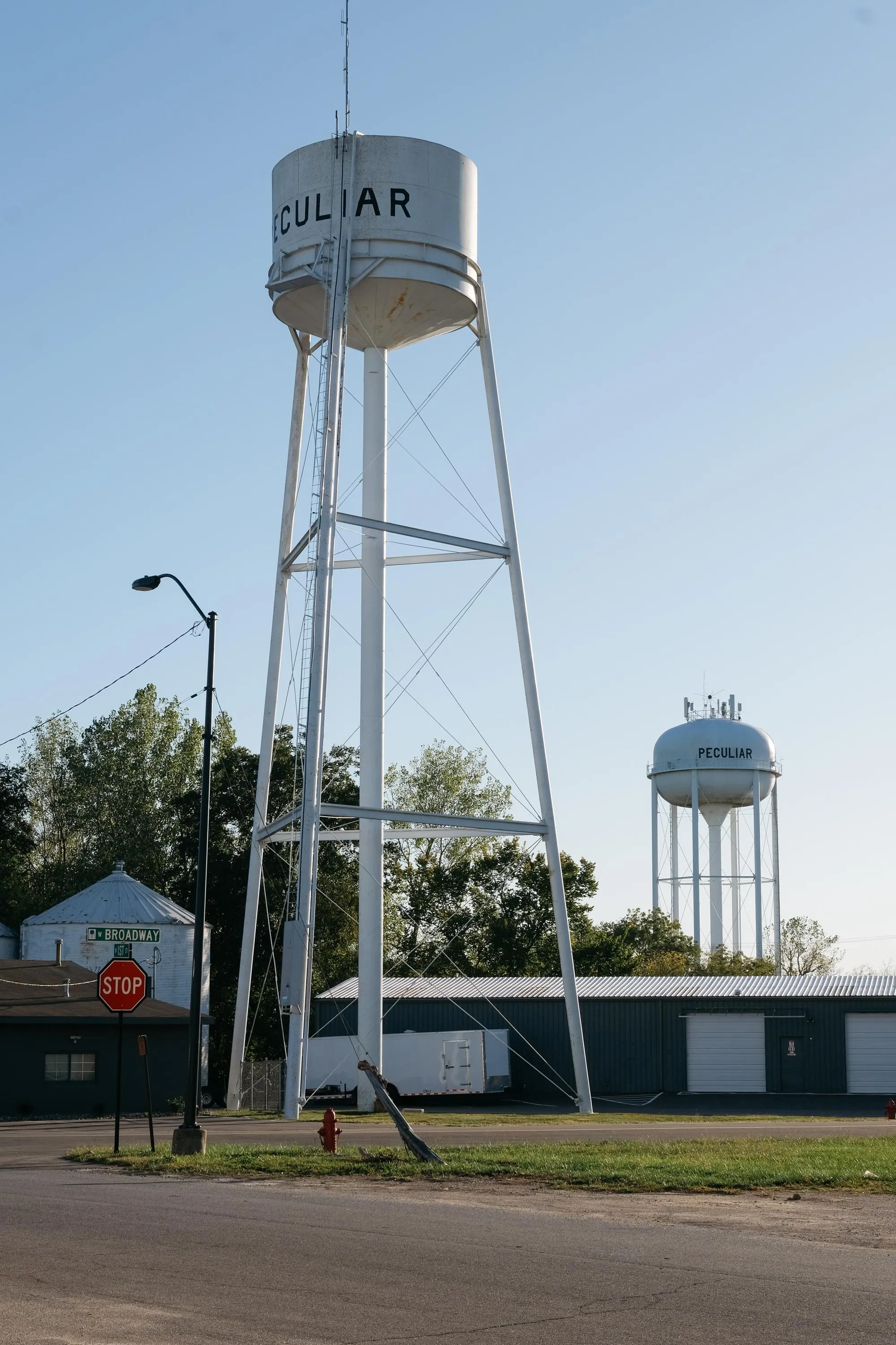 Two water towers on a rural American street. Two water towers on a rural American street.