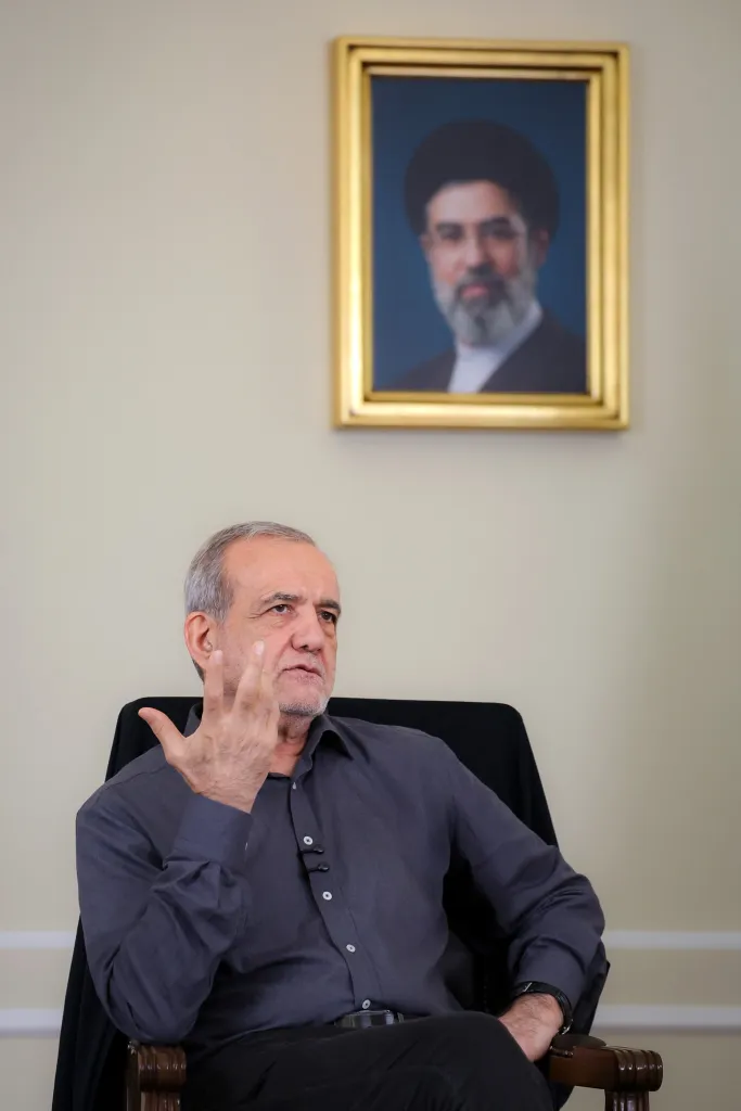Iranian President Masoud Pezeshkian speaks during an interview in Tehran.
