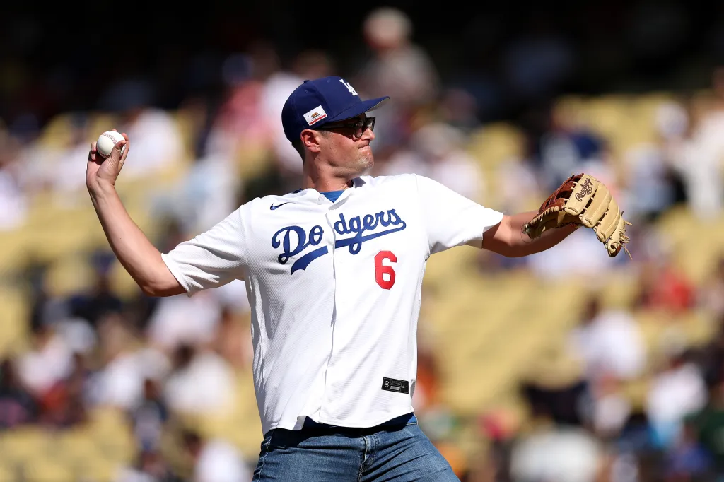 Jake Reiner throwing the ceremonial first pitch at Dodger Stadium.