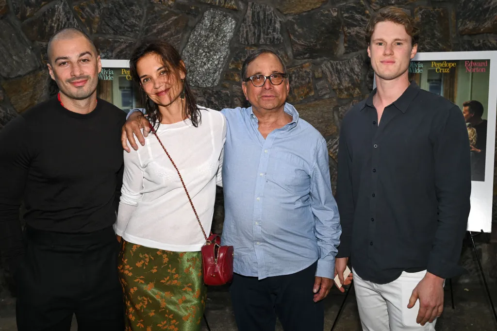 Jason Bard Yarmosky, Katie Holmes, Ross Bleckner, and Max Bennett stand together at "The Invite" screening.
