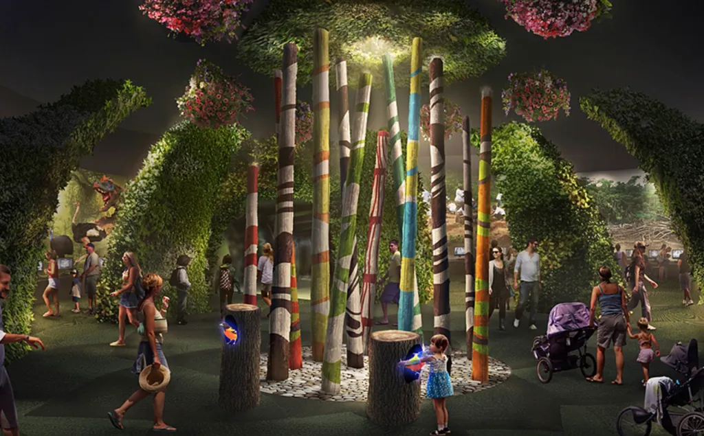 Illustration of a lobby with a botanical landscape, patterned poles, and guests exploring.