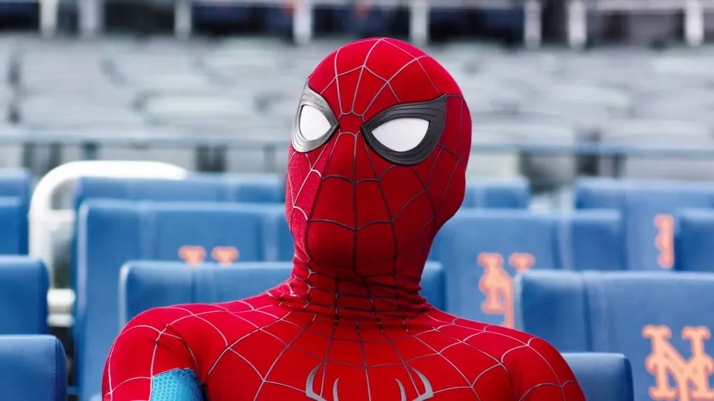 Spider-Man in a stadium seat.
