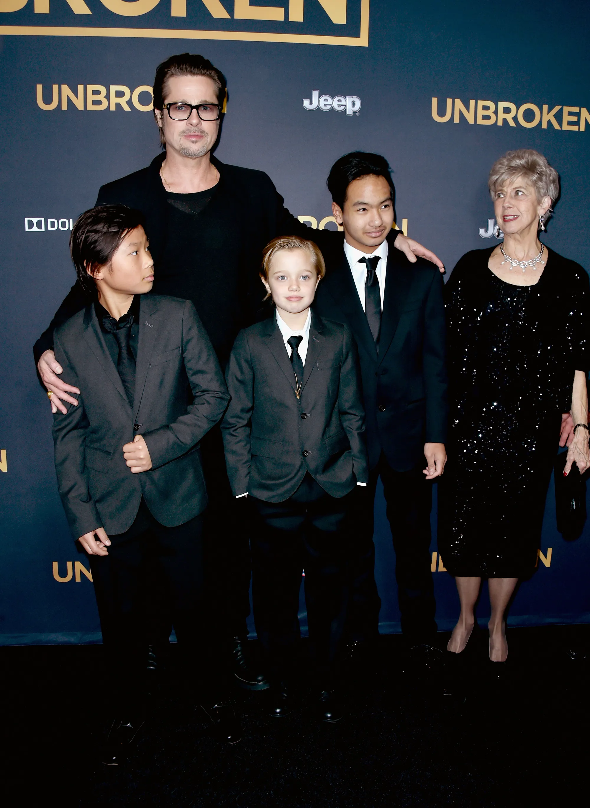 Actor Brad Pitt with Pax Thien Jolie-Pitt, Shiloh Nouvel Jolie-Pitt, Maddox Jolie-Pitt, and Jane Pitt at the "Unbroken" premiere.