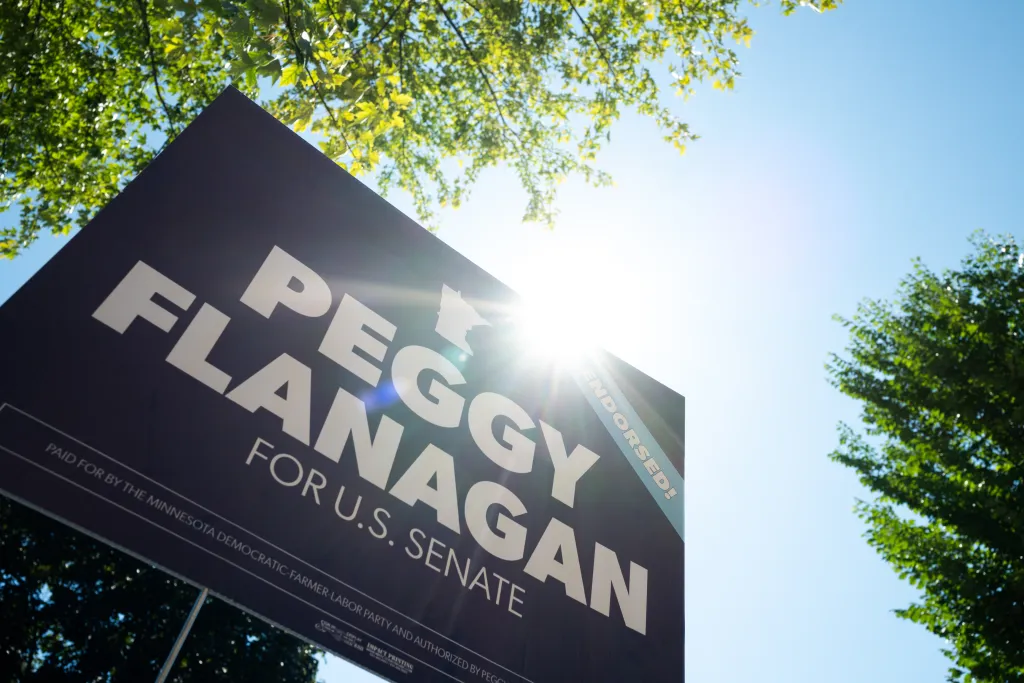A campaign sign for Peggy Flanagan for U.S. Senate, endorsed by the Minnesota Democratic-Farmer-Labor Party.