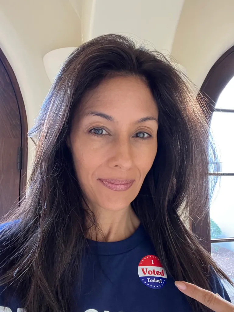 Liz Cho wearing an "I Voted Today!" sticker.