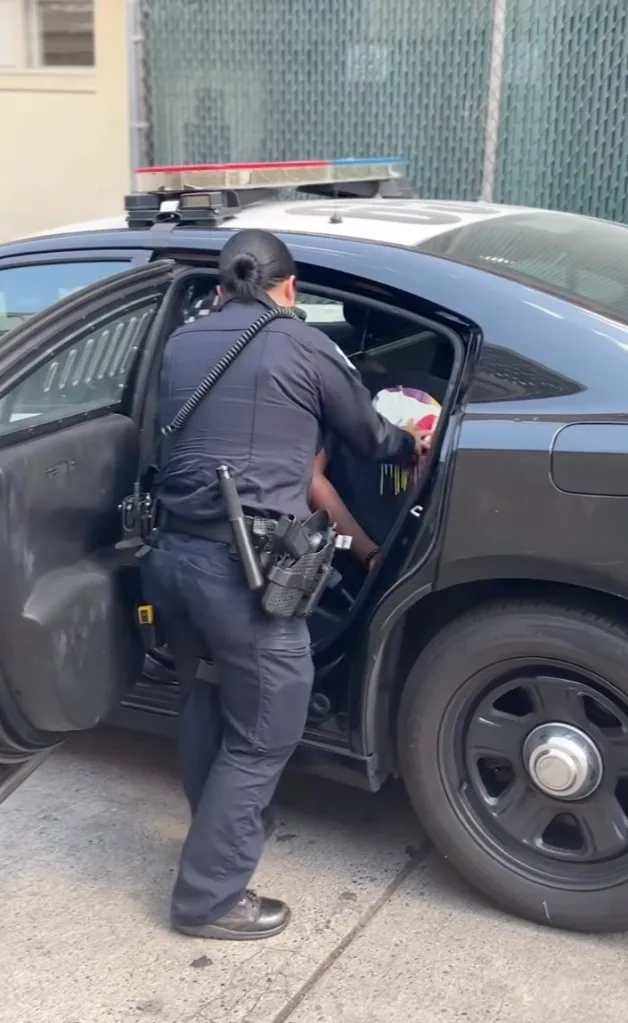 A police officer putting an arrested man into the back of a patrol car.