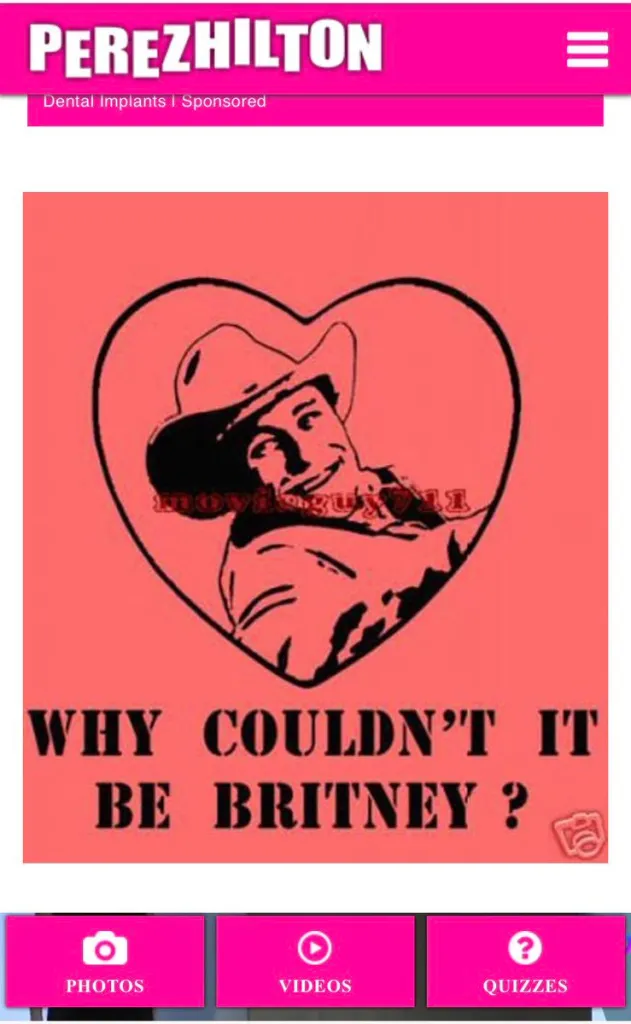 A screenshot of the Perez Hilton website displaying a heart-shaped image of a cowboy with the text 