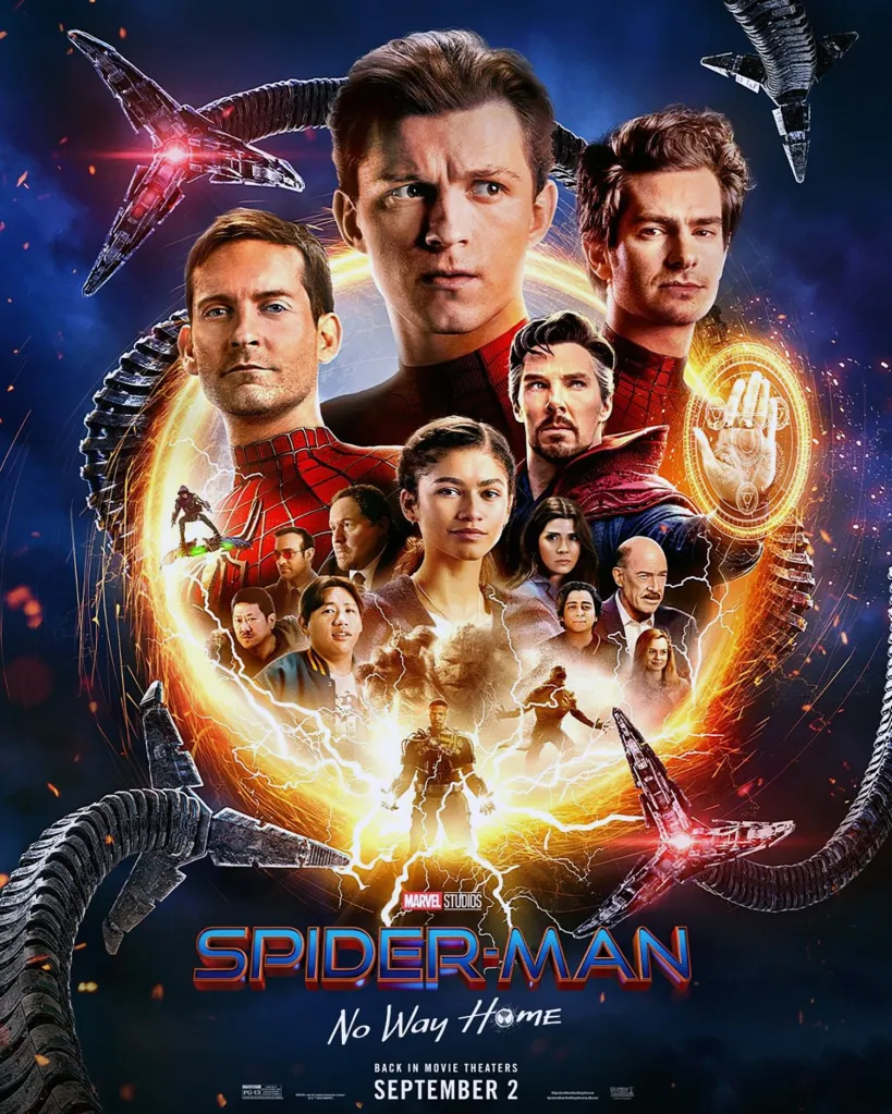 Movie poster for "Spider-Man: No Way Home" featuring Tobey Maguire, Tom Holland, and Andrew Garfield as Spider-Man, with other cast members and villains.