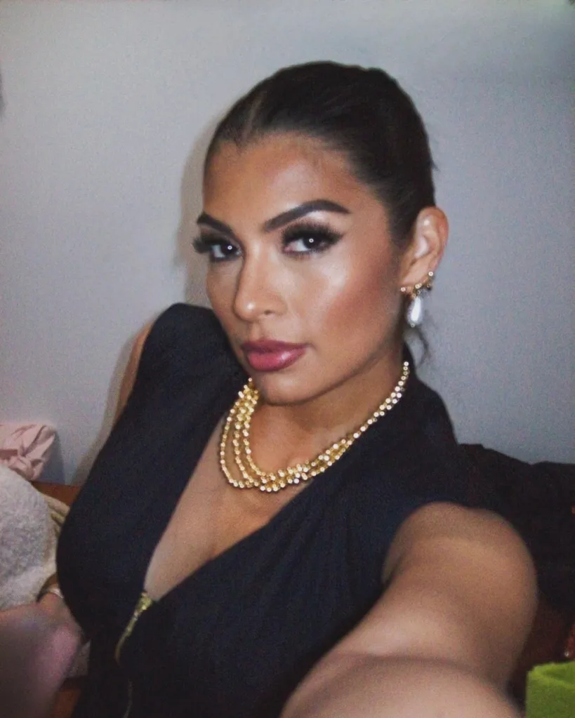Brittany Boltinhouse, Miss North Carolina USA, wearing a black top and a gold necklace.