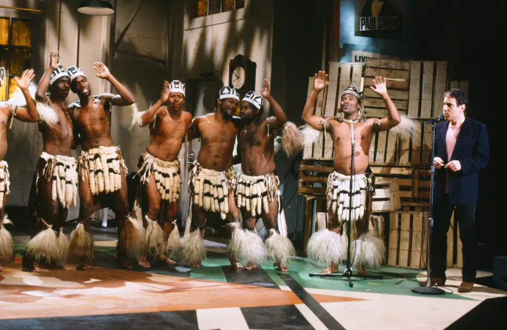 Paul Simon and Ladysmith Black Mambazo performing on "Saturday Night Live."