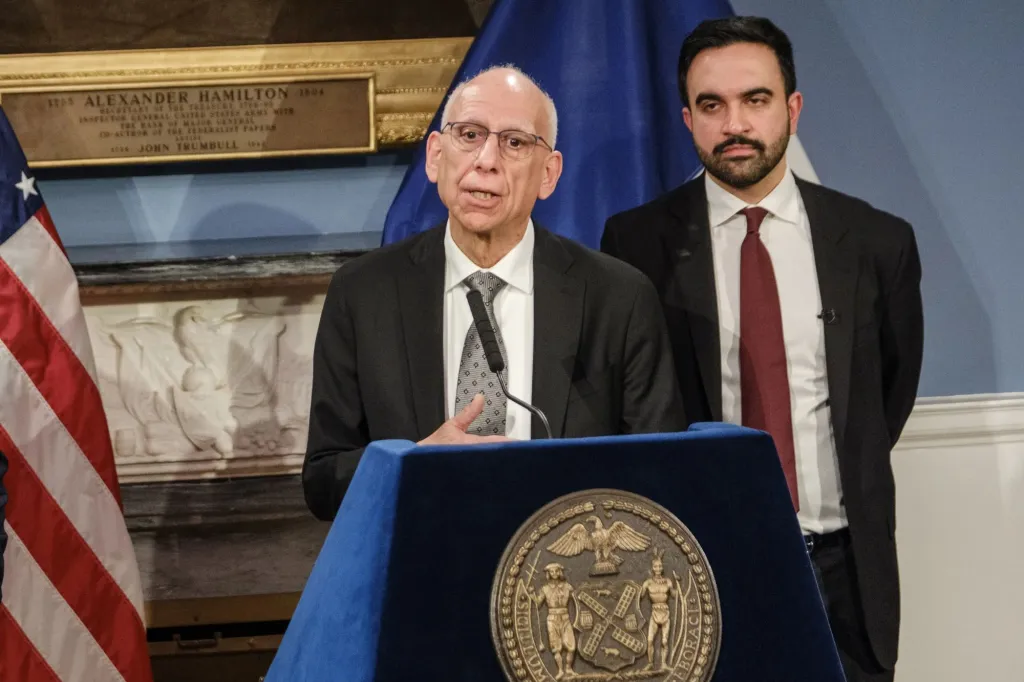 Sherif Soliman, Dean Fuleihan, and Zohran Mamdani at a press conference regarding the NYC budget