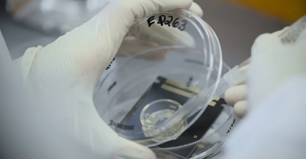 A researcher in white gloves works with a pipette and a petri dish containing microchips.